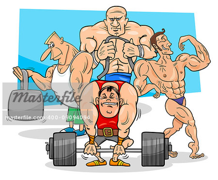 Cartoon Illustration of Muscular Men or Athletes at the Gym