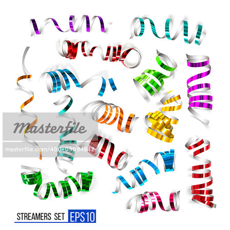 Festive colorful ribbons on white background. Realistic vector streamers. Carnival party serpentine decoration for your banner and greating card design.