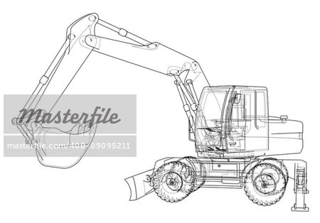 Outline of excavator isolated on white background. Vector EPS10 format, rendering of 3d