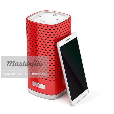 Red smart speaker and smartphone on white background