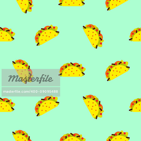 Taco mexican food seamless blue vector pattern. Bright yellow fast food texture background.