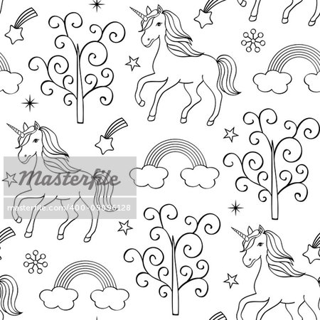 Seamless pattern with unicorns,trees and other elements on blue background.Vector illustration