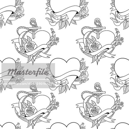 Seamless pattern with hearts in old school tattoo style. Valentines Day Romantic image on white background