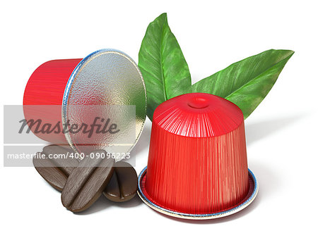 Red coffee capsules with coffee beans and leaves 3D render illustration isolated on white background