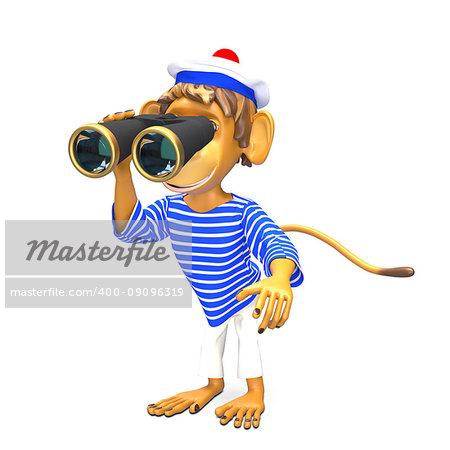 3D Illustration Monkey Sailor with Binoculars on White Background