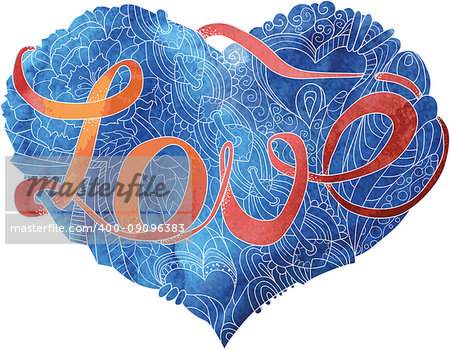 Watercolor drawing of the heart with a light pattern painted on it and word love