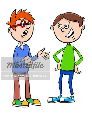 Cartoon Illustration of Elementary School Age or Teenage Boys Characters Talking