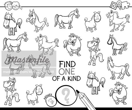Black and White Cartoon Illustration of Find One of a Kind Picture Educational Activity Game for Children with Horses Farm Animal Characters Coloring Book