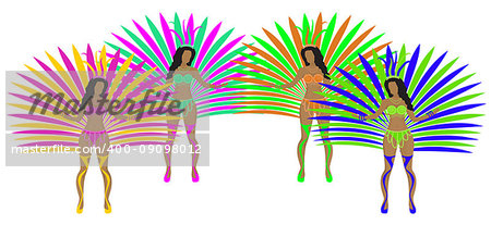 Girls in carnival costumes. Brazilian samba dancers. Rio de Janeiro women dancing. Isolated on white background. Vector illustration