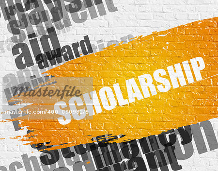 Business Education Concept: Scholarship Modern Style Illustration on Yellow Distressed Paintbrush Stripe. Scholarship - on the White Brickwall with Wordcloud Around. Modern Illustration.