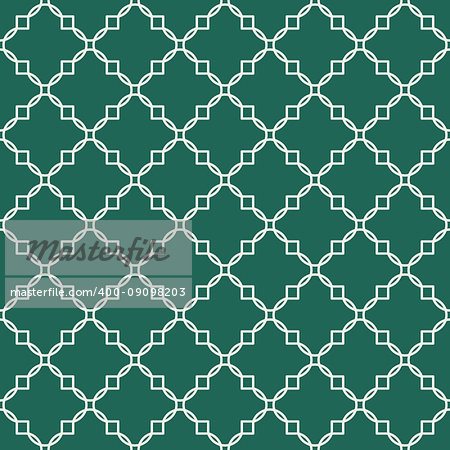 Quatrefoil green seamless line vector pattern. Geometric repeating background.