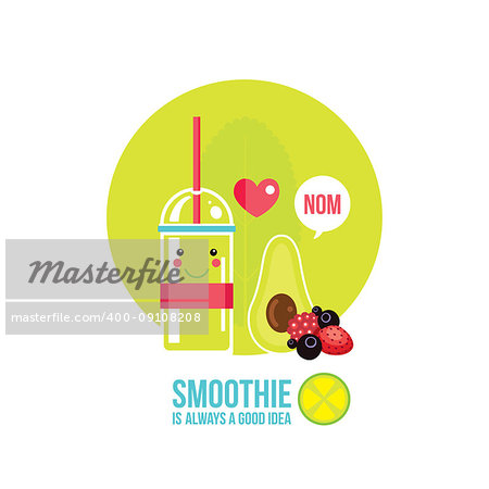 Fresh summer drink Smoothie Juice Cocktail with avocado and greens Vector illustration