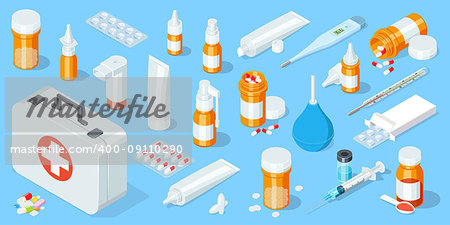 Big set of medical equipment and pharmacy. First Aid Kit. Isometric vector illustration.