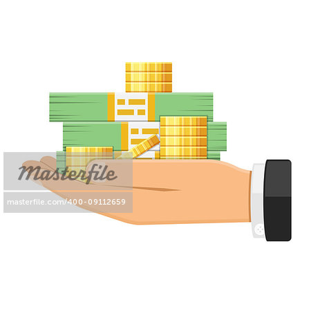 Hand holds money and coins. Flat style icons. Sale, purchase, exchange concept. Isolated vector illustration