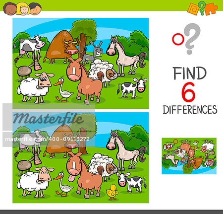 Cartoon Illustration of Find and Spot Six Differences Between Pictures Educational Activity Game for Kids with Farm Animal Characters Group