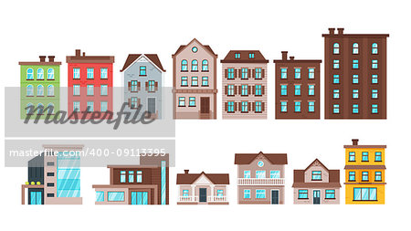 Vector  cartoon style set of city buildings and townhouse apartment exterior