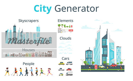 Vector  cartoon style city generator with skyscrapers, houses, cars, people and objects. Urban skyline. Modern skyscrapers and city transport.