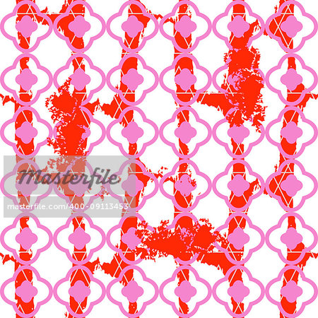 Brushed quatrefoil red and white seamless vector pattern. Geometric rough repeating background.