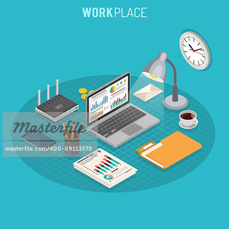 Business Auditing Workplace Isometric Concept with laptop, charts, router and smartphone isometric icons. Vector illustration