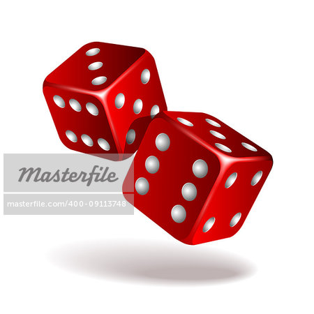 Two red falling dice isolated on white. Casino gambling template concept. Vector illustration