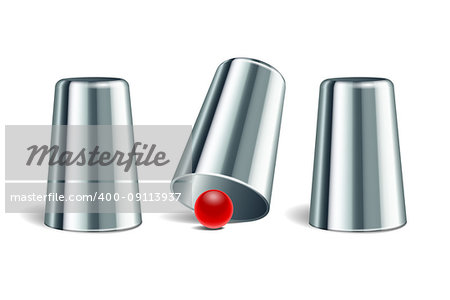 Shell game. Three shining silver metal thimbles and red ball. Equipment performance circus show. Chance and fortune concept. Vector illustration EPS 10
