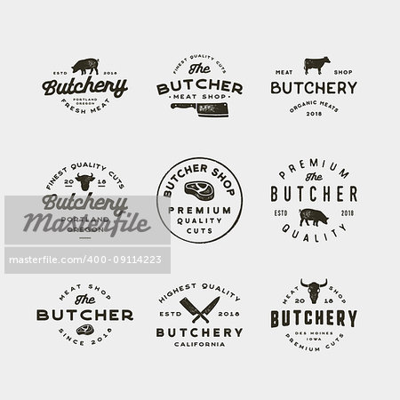 set of vintage butchery logos. retro styled meat shop emblems, badges, design elements, logotype templates. vector illustration