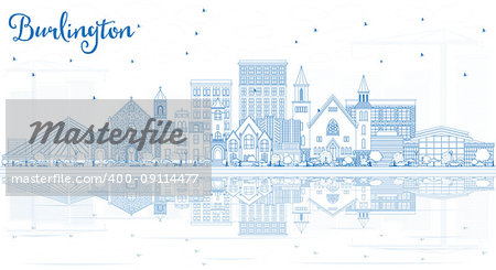 Outline Burlington Iowa Skyline with Blue Buildings and Reflections. Vector Illustration. Business Travel and Tourism Illustration with Historic Architecture.