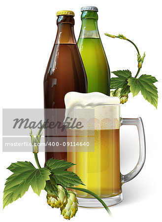 Mug with beer and beer in a bottle, hop, vector