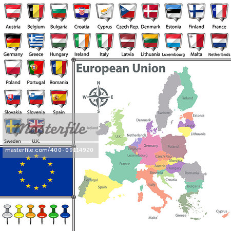 Vector of political map of European Union set with maps and flags on white background