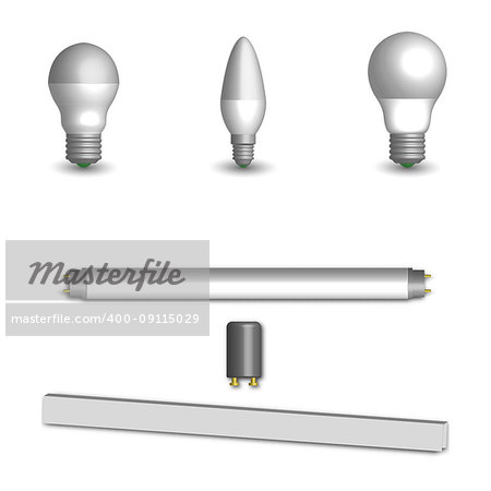 Set of various photorealistic light-emitting diode and fluorescent light bulbs. Elements for the design of electrical components. 3d style, vector illustration.