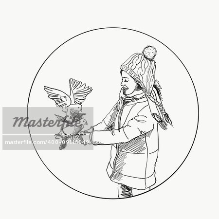 Beautiful young girl and bird. Winter. Hand drawn vector illustration