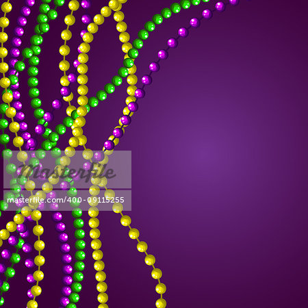 Mardi gras beads card vector purple background template with copy space.