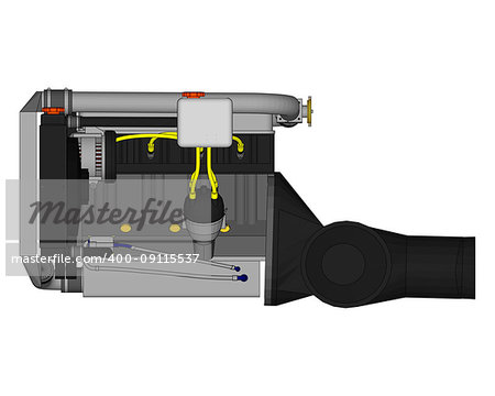 A turbocharged four-cylinder, high-performance engine for a sports car. Vector color illustration with strokes of contours of details