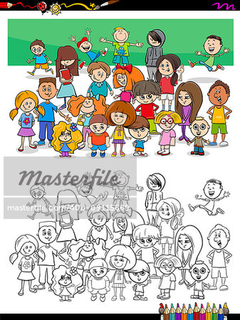 Cartoon Illustration of Kids Characters Group Coloring Book Activity