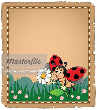 Parchment with ladybug holding flower - eps10 vector illustration.