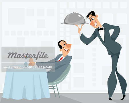 Vector illustration of a waiter and a satisfied customer