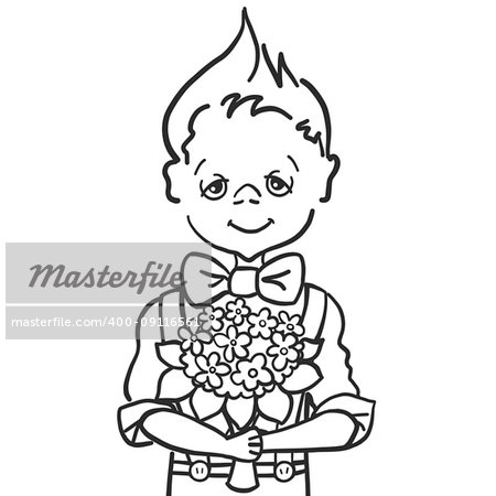 monochrome hand paint draw of a little smile boy with batterfly who wants to give a bouquet flowers to his teacher at school, to mam, to girl, 1st september, cartoon character