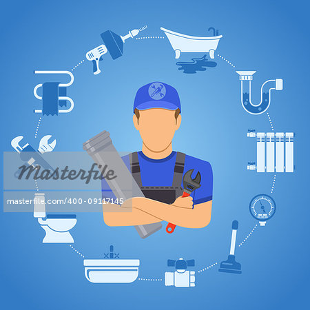 Plumbing Service Infographics Repair and Cleaning with Plumber, Tools and Device two color Flat Icons. Vector illustration