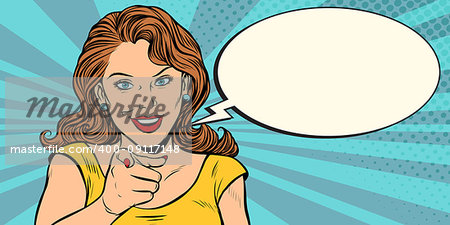 gesture woman pointing finger at you. Pop art retro comic book cartoon drawing vector illustration kitsch vintage