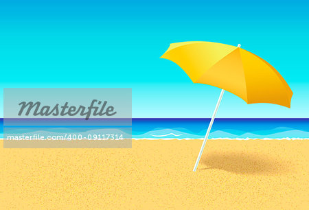 Beach umbrella on a deserted beach near ocean. Vacation flat vector concept. Empty beach without people with parasol and blue sky at sea background. Horizontal poster, banner or flyer for a holiday party with an empty space for text