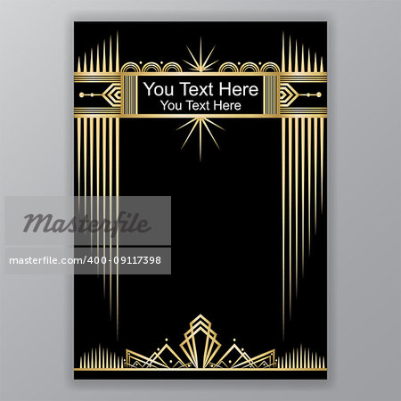 Art Deco template golden-black, A4 page, menu, card, invitation, Sun and city lights in ArtDeco/Art Nuvo style, beautiful bakcground .