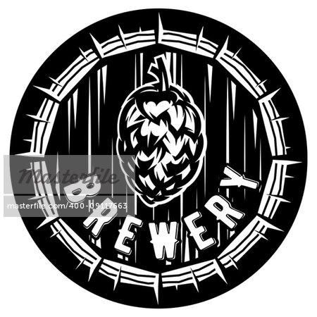 vector monochrome illustration with a cask and hop
