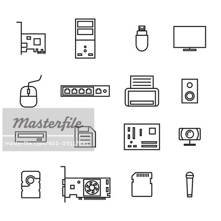 Set of icons computer devices and accessories of thin lines, isolated on white background, vector illustration.