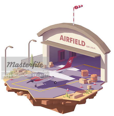 Vector low poly airfield with hangar and small propeller airplane