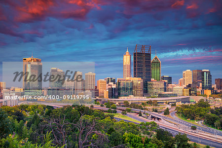 Cityscape image of Perth skyline, Australia during sunset.