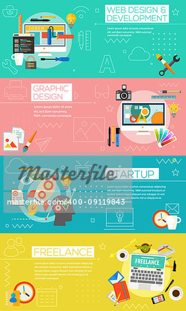 Graphic design, webdesign and development, startup, freelance concept. Horizontal banners in 80-90s style design