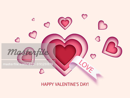 Valentines Day card with hearts. Paper cut design. Vector illustration