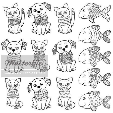 Set of funny cartoon cats, dogs and fishes with various decorative design elements, hand drawing vector artworks