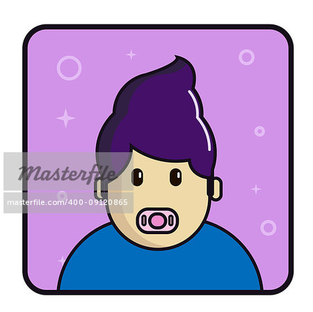 Doodle vector illustration of the face of a newborn baby sucking a rubber or silicone pacifier or comforter to chew on during teething