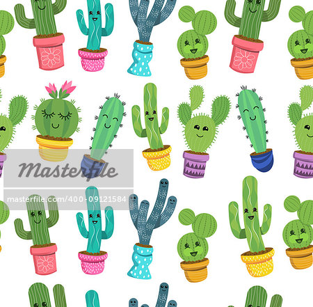 A seamless pattern of cute cactus plant characters with smiling faces in colourful pots. Vector illustration.